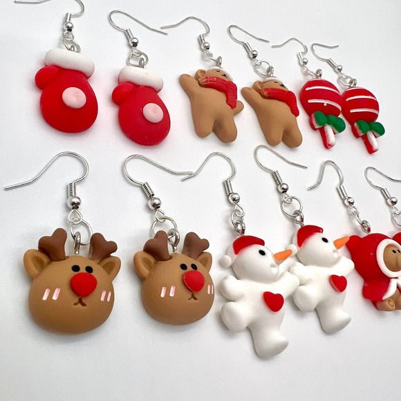 Christmas Earrings - Christmas Mittens, Teddy Bear, Lollipop, Reindeer, Snow Men - Picture 3 of 10